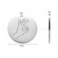 304ステンレスペンダント  aslペンダント  ジェスチャー言語によるフラットラウンド  ステンレス鋼色  25x2mm  穴：2mm  9模様  1個/模様  9個/箱&nbsp;STAS-CJ0001-145