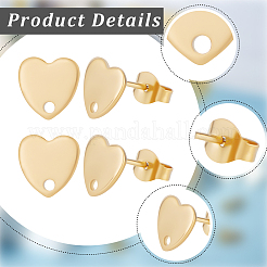 304ステンレススチール製ハートスタッドピアス金具40個  ループと平板付き  ゴールドカラー  8x8mm  穴：1mm  ピン：0.8mm&nbsp;STAS-BBC0011-40