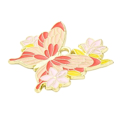 合金エナメルチャーム  ライトゴールド  花のチャームが付いた蝶  レッドオレンジ  29.5x26x1.5mm  穴：2.5mm&nbsp;ENAM-C024-01F-01LG