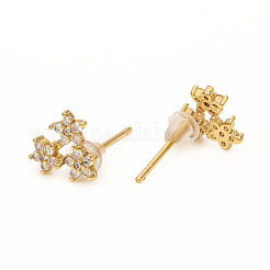 真鍮製スタンドピアス  クリアキュービックジルコニアとイヤーナット付き  花  ゴールドカラー  8x8mm  ピン：0.9mm&nbsp;EJEW-L247-02G