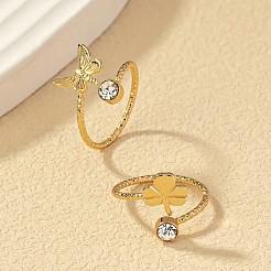 2Pcs 2 Styles Brass Crystal Rhinestone Butterfly Clover Cuff Toe Ring Sets&nbsp;FS-WG20A77-03