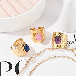 304ステンレススチールのワイドオープンカフリング  女性用楕円形天然宝石リング  18KGP本金メッキ  イオンプレーティング（ip）  20mm  調整可能&nbsp;RJEW-Z078-22G