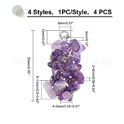 4個 4スタイル 天然チップ宝石ペンダント装飾  真鍮カニカン付き  プラチナ  ミックスカラー  53mm  1個/スタイル&nbsp;HJEW-FH0001-08