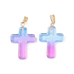 ツートン透明ガラスペンダント  ゴールデンメッキ鉄パーツ  クロス  ディープスカイブルー  28.5x18x4.5mm  穴：5.5x3mm&nbsp;GLAA-A004-02F