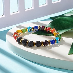 Round Evil Eye Lampwork & Natural Lava Rock Beaded Stretch Bracelet&nbsp;BJEW-JB07870