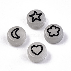 蓄光アクリルビーズ  フラットラウンド  ムーン＆ハート  花と星  ブラック  7x4mm  穴：1.5mm  約3700個/500g&nbsp;LACR-N001-003
