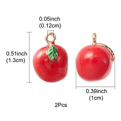 2個真鍮エナメルチャーム  模造果物  ライトゴールド  アップルチャーム  レッド  13x10mm  穴：1.2mm&nbsp;KK-YW0001-93