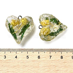 内側のドライフラワー透明樹脂ペンダント  真鍮のパーツと  ハートチャーム  きいろ  25.5x25.5x11mm  穴：1.8mm&nbsp;LS-RESI-A043-03A