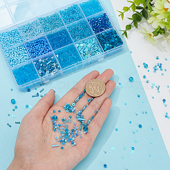 DIYビーズジュエリー作りの発見キット  ガラスシードラウンド＆ビューグルチューブ＆プラスチックスパンコールドーナツとフラワービーズを含む  ブルー  2~7.5x0.1~4mm  穴：0.3~4mm&nbsp;DIY-PH0010-96