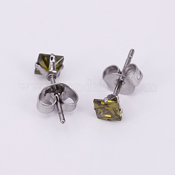 スクエア 304 ステンレス キュービックジルコニア スタッド イヤリング  ステンレス鋼色  4x4mm  ピン：0.8mm  10のペア/カード&nbsp;EJEW-O070-05A