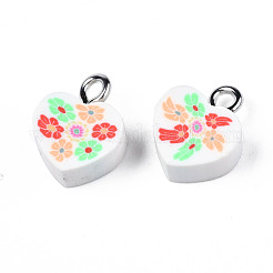 手作りポリマークレイペンダント  プラチナメッキ鉄ループ付き  花とハート  ホワイト  11~12.5x9.5~10x4~5mm  穴：1.8mm&nbsp;CLAY-N006-46D