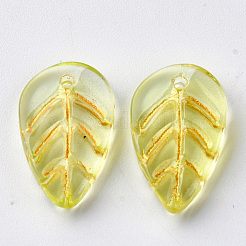 透明スプレー塗装ガラスペンダント  グリッターパウダー付き  葉  ライトカーキ  18x11x3.5mm  穴：1.2mm&nbsp;GLAA-S054-002B-02