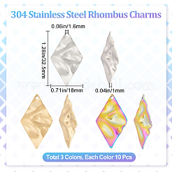 30個 3色 304ステンレススチールペンダント  質感のあるチャーム  菱形  ミックスカラー  32.5x18x1mm  穴：1.6mm  10個/カラー&nbsp;STAS-BBC0001-48