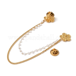 304 Stainless Steel Pave Clear Cubic Zirconia & ABS Pearl Flower Hanging Chain Brooch&nbsp;JEWB-S021-05G