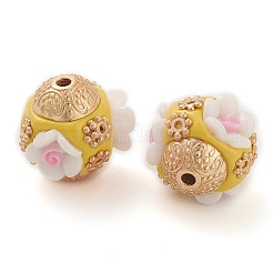 手作りのインドネシアビーズ  合金パーツとレジン  花とロンデル  ホワイト  16x16.5x16mm  穴：1.8mm&nbsp;IPDL-B001-01D
