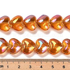 電気メッキ UVメッキガラスビーズ連売り  虹色の  ハート  オレンジ  12.2x15x8mm  穴：1mm  約50個/連  23.62''（60センチメートル）&nbsp;EGLA-B008-01A-FR04