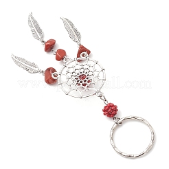 Woven Net/Web with Feather Alloy & Natural Red Jasper & Glass Seed Keychains&nbsp;KEYC-MZ00041-05