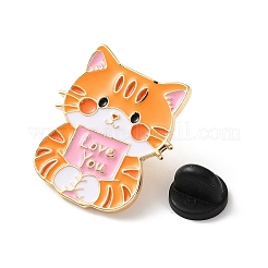 トラ猫の形をした「愛してる」の文字入りエナメルピン  バックパック用合金ラペルピンバック  ゴールドカラー  オレンジ  28x24.5mm&nbsp;AL-CBAC438-01A