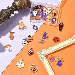 30個15スタイルアロイエナメルペンダント  ハロウィンモチーフ  ライトゴールド  混合図形  ミックスカラー  11~25.5x11~20x1.5~3mm  穴：1~1.8mm  2個/スタイル&nbsp;ENAM-FS0001-90