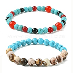 Synthetic Turquoise & Natural Black Onyx & Natural Zebra Jasper & Natural & Dyed Malaysia Jade & Natural Carnelian Stretch Bracelets&nbsp;BJEW-JB11474