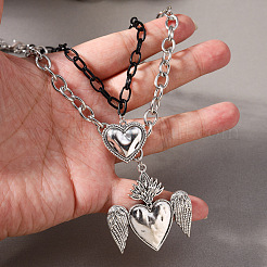 Duo Tone Alloy Heart with Angel Wings Pendant Double Layer Necklaces for Women&nbsp;WGB1CA0-01