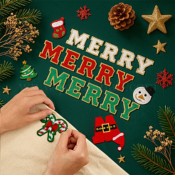 クリスマステーマのポリエステル製コンピューター刺繍アイロン/縫い付けパッチ  シェニールアップリケ  ゴールドエッジ  混合図形  ミックスカラー  60~86x47~75x1~3.5mm&nbsp;PATC-MA0001-44