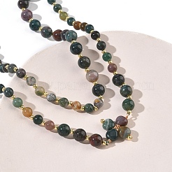 Saint Patrick's Day Natural Indian Agate Clover Pendant Round Beaded Necklaces with Brall Heart OT Clasps&nbsp;NJEW-G202-02G-01