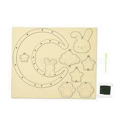 DIYの月とウサギの風鈴作りキット  1個の木板入り  1枚のカードの綿糸と1本のプラスチックの編み針  クラフトを描く子供たちのために  ミックスカラー  糸と針：ランダムな色&nbsp;DIY-A029-01