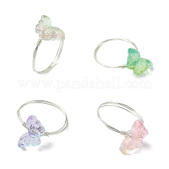 4色のガラス製蝶の指輪4個  女性用真鍮ワイヤーラップリング  銀  内径：18mm  1pc /カラー&nbsp;RJEW-JR00826-02