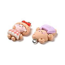 不透明樹脂ペンダント  プラチナトーンの鉄ループ付き  うさぎ＆ねこ＆くま＆女の子  ミックスシェイプチャーム  ミックスカラー  26~29.5x16.5~20x7~8mm  穴：2x2.6mm&nbsp;RESI-G043-C08