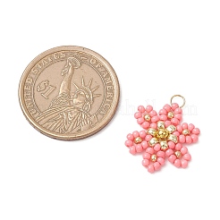 ガラスシードビーズの花のペンダント  304ステンレススチール製丸カン付き  ピンク  22.5x17.5x4mm  穴：2.5mm&nbsp;PALLOY-MZ00712-01