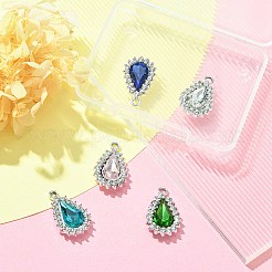 5色の合金ガラスペンダント5個。  クリスタルラインストーン付き  ティアドロップチャーム  プラチナ  ミックスカラー  22x14x5mm  穴：2mm  1pc /カラー&nbsp;ALRI-YW0001-15