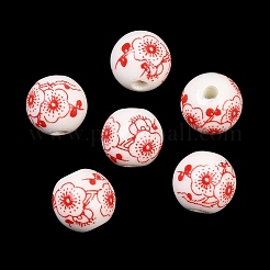 花柄プリントの磁器ビーズ  花柄のセラミックビーズ  ラウンド  レッド  12mm  穴：2mm&nbsp;PORC-Q202-12mm-1