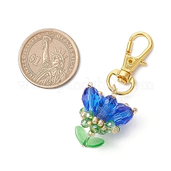 花のガラスペンダント装飾  シェルパールビーズと合金製回転ロブスタークロウ留め金付き  ブルー  62.5mm&nbsp;HJEW-MZ00248-07