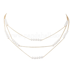 White Round Shell Pearl Beaded & Brass 3 Layer Necklaces&nbsp;NJEW-TA00233