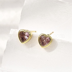 Brass Cubic Zirconia Heart Stud Earrings&nbsp;EJEW-L261-030G