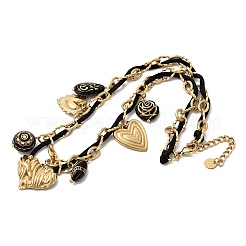 304 Stainless Steel Heart & Acrylic Black Flower Pendant Bib Necklaces for Women&nbsp;NJEW-A063-05G