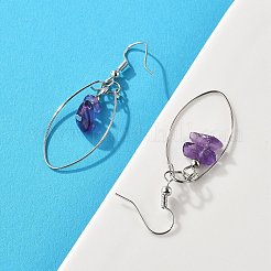 天然石アメジストダングルピアス  鋼メモリーワイヤーと真鍮のピアスフック付き  プラチナ  50mm&nbsp;X-EJEW-JE02150-03