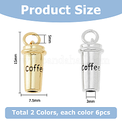12個2色真鍮ペンダント  丸カン付き  カドミウムフリー＆鉛フリー  長持ちメッキ  コーヒーの文字が書かれたコーヒーカップ  ミックスカラー  15x7.5mm  穴：3mm  6個/カラー&nbsp;KK-HS0001-45