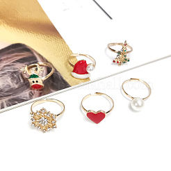 クリスマステーマの合金エナメルとラインストーンの指輪セット  プラスチックパール付き  クリスマスツリー/クリスマス帽子/鹿  ゴールドカラー  内径：20mm  6個/セット&nbsp;FS-WG22033-01