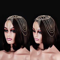 ラインストーン メッシュ ヘッドピース キャップ  合金ヘッドチェーンブライダルパーティーヘアアクセサリー女性女の子のための  ゴールドカラー  300x320~380x6.5mm&nbsp;OHAR-WH0021-47G