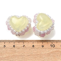 Rwsin & abs イミテーションパール＆ポリマークレイビーズ  ハートとバラの花  淡黄色  22.5~24x27~29x23~24mm  穴：2~3mm&nbsp;RE-CBA1913-01D