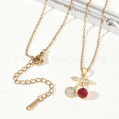 真鍮とキュービックジルコニアのペンダントネックレス  304ステンレススチールアズキチェーンネックレス  チェリー  ゴールドカラー  15.75インチ（40cm）&nbsp;SA-CBA7E55-03G-01