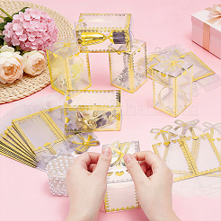 金箔押し透明ペット包装箱  蝶結び付きの長方形折りたたみ収納ケース  透明  6x6x10.5cm&nbsp;CON-WH0816-85