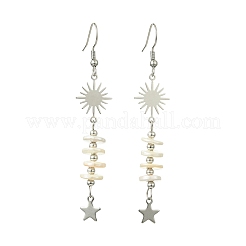 304ステンレススチールダングルイヤリング  星と太陽  シェルパール付き  ステンレス鋼色  70x13mm&nbsp;EJEW-JE07299-02
