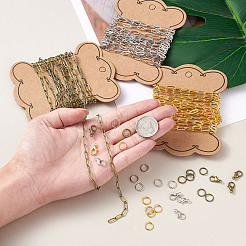 ペーパークリップ風のDIYジュエリーキット  真鍮製のペーパークリップチェーンと丸カンが含まれます  亜鉛合金カニカン  ミックスカラー  ペーパークリップチェーン：リンク約9x3.5x0.7mm  3色  3m /カラー  9メートル/セット&nbsp;DIY-CD0001-07