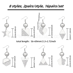 16 ペア 8 スタイルブランクガラスドームダングルイヤリング  菱形、花、六角形、三角形の304ステンレススチール製ドロップイヤリング（女性用）  ステンレス鋼色  56~69mm  ピン：0.6mm  2ペア/スタイル&nbsp;EJEW-AB00007