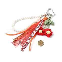 毛糸の花とポリエステルのリボンとプラスチックのパールビーズのペンダント飾り  プラチナ  レッド  240mm&nbsp;HJEW-JM04331-01