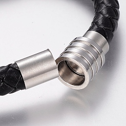 編み込みレザーコードブレスレット  304ステンレススチールの留め具とマグネット留め具付き  ブラック  8-5/8インチ（220mm）  20x11.5mm&nbsp;X-BJEW-H560-26
