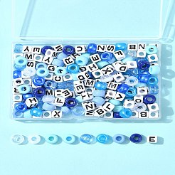 透明＆不透明アクリルビーズ  樽と立方体の文字  ディープスカイブルー  7~9x7~9x6~7mm  穴：3.5~3.8mm&nbsp;KY-FS0001-26E